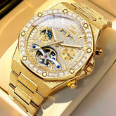 OLEVS Iced Out Moon Phase Skeleton Automatic Watch 9805 Calendar for Men - All Gold Watch | Olevs Watch Store