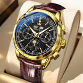 OLEVS Leather Strap Moon Phase Automatic Mechanical Watch for Men 7117 - Gold Black Watch | Olevs Watch Store