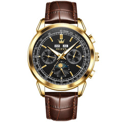 OLEVS Leather Strap Moon Phase Automatic Mechanical Watch for Men 7117 - Gold Black Watch | Olevs Watch Store
