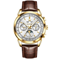 OLEVS Leather Strap Moon Phase Automatic Mechanical Watch for Men 7117 - Gold Black Watch | Olevs Watch Store