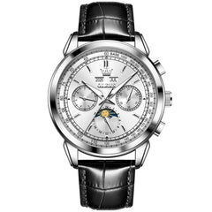 OLEVS Leather Strap Moon Phase Automatic Mechanical Watch for Men 7117 - Gold Black Watch | Olevs Watch Store