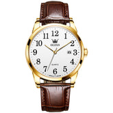 OLEVS Men Classic Leather Dress Watch Arabic Numerals Quartz Date 5566 - Man Gold White Dial Watch | Olevs Watch Store