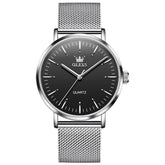 OLEVS Minimalist Ultra Thin Mesh Quartz Watch 7125 for Men - Silver Black Watch | Olevs Watch Store