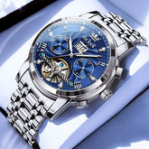 OLEVS Open Heart Multifunction Automatic Mechanical Watch 9910 Big Date for Men - Silver Blue Watch | Olevs Watch Store
