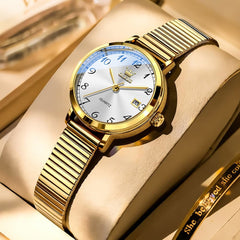 OLEVS Petite Minimalist Mesh Watch with Date 7130 for Women - Gold White Watch | Olevs Watch Store
