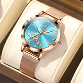 OLEVS Romantic Heart Crystal Dress Watch for Women Rose Gold Milanese Mesh 5530 - Ocean Blue Watch | Olevs Watch Store