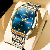 OLEVS Tonneau Diamond Dial Day Date Quartz Watch 5528 Steel Band for Men - Two Tone Blue Watch | Olevs Watch Store