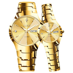 OLEVS Tungsten Steel Ultra Thin Day Date Couple Watch 8697 for Men and Women - Women All Gold Watch | Olevs Watch Store