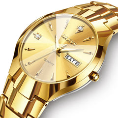 OLEVS Tungsten Steel Ultra Thin Day Date Couple Watch 8697 for Men and Women - Women All Gold Watch | Olevs Watch Store