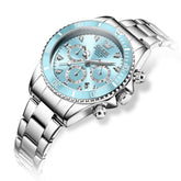 OLEVS Women Chronograph Watch Stainless Steel Sport Date Quartz 5632 - Silver Ice Blue Dial Watch | Olevs Watch Store