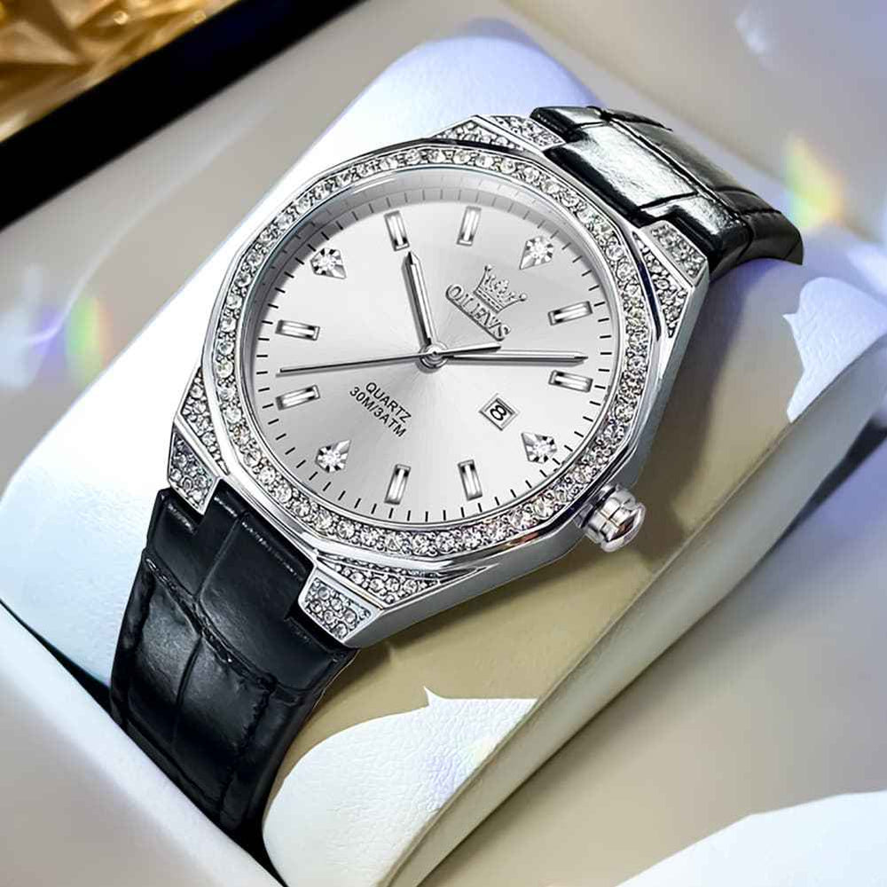 OLEVS 5606 – Women Octagonal Watch Diamond Bezel Leather Strap Date Quartz