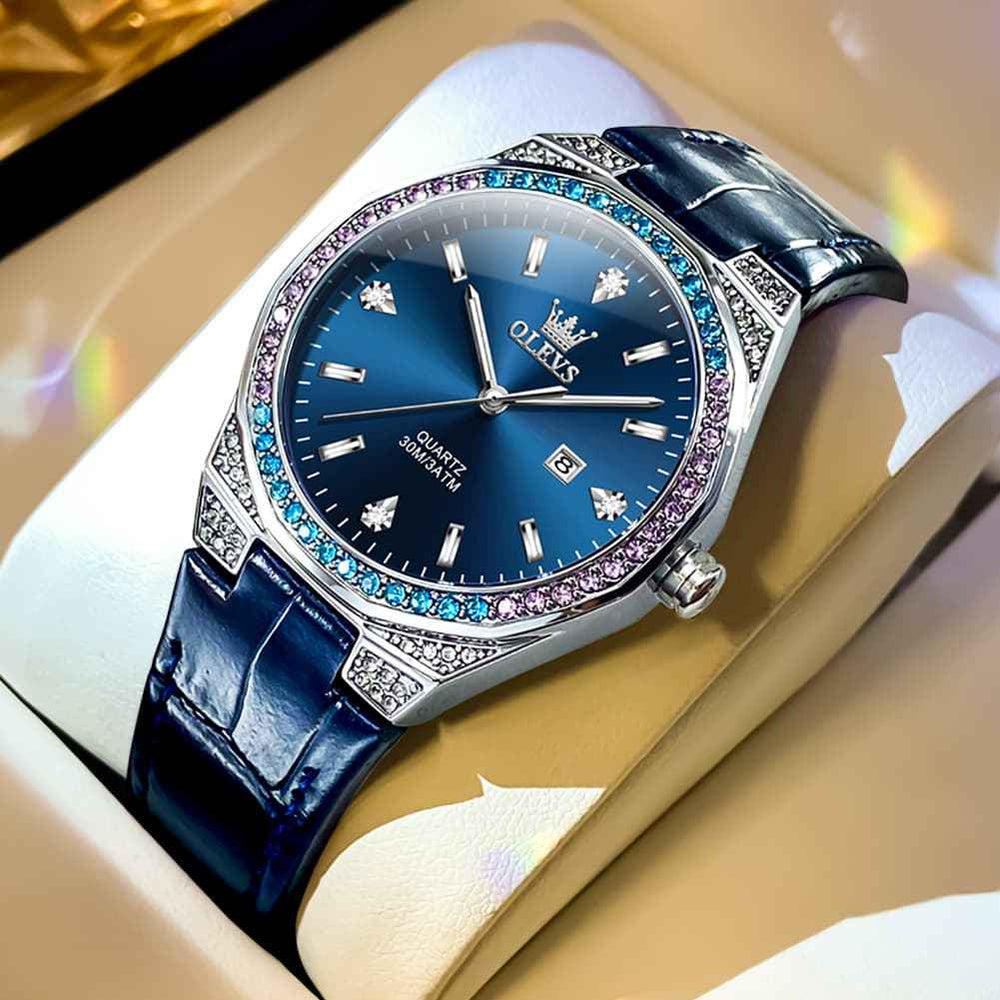 OLEVS 5606 – Women Octagonal Watch Diamond Bezel Leather Strap Date Quartz