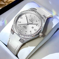 OLEVS 5606 – Women Octagonal Watch Diamond Bezel Leather Strap Date Quartz