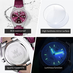 OLEVS Women Octagonal Watch Diamond Bezel Leather Strap Date Quartz 5606 - White Leather Watch | Olevs Watch Store