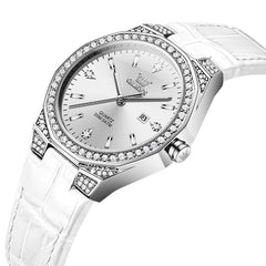 OLEVS Women Octagonal Watch Diamond Bezel Leather Strap Date Quartz 5606 - White Leather Watch | Olevs Watch Store