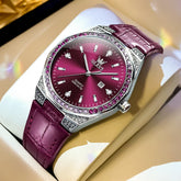 OLEVS Women Octagonal Watch Diamond Bezel Leather Strap Date Quartz 5606 - Wine Red Leather Watch | Olevs Watch Store