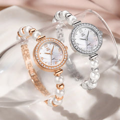 OLEVS Women Pearl Bracelet Watch Diamond Bezel Mother of Pearl Quartz 5640 - Rose Gold White Dial Watch | Olevs Watch Store
