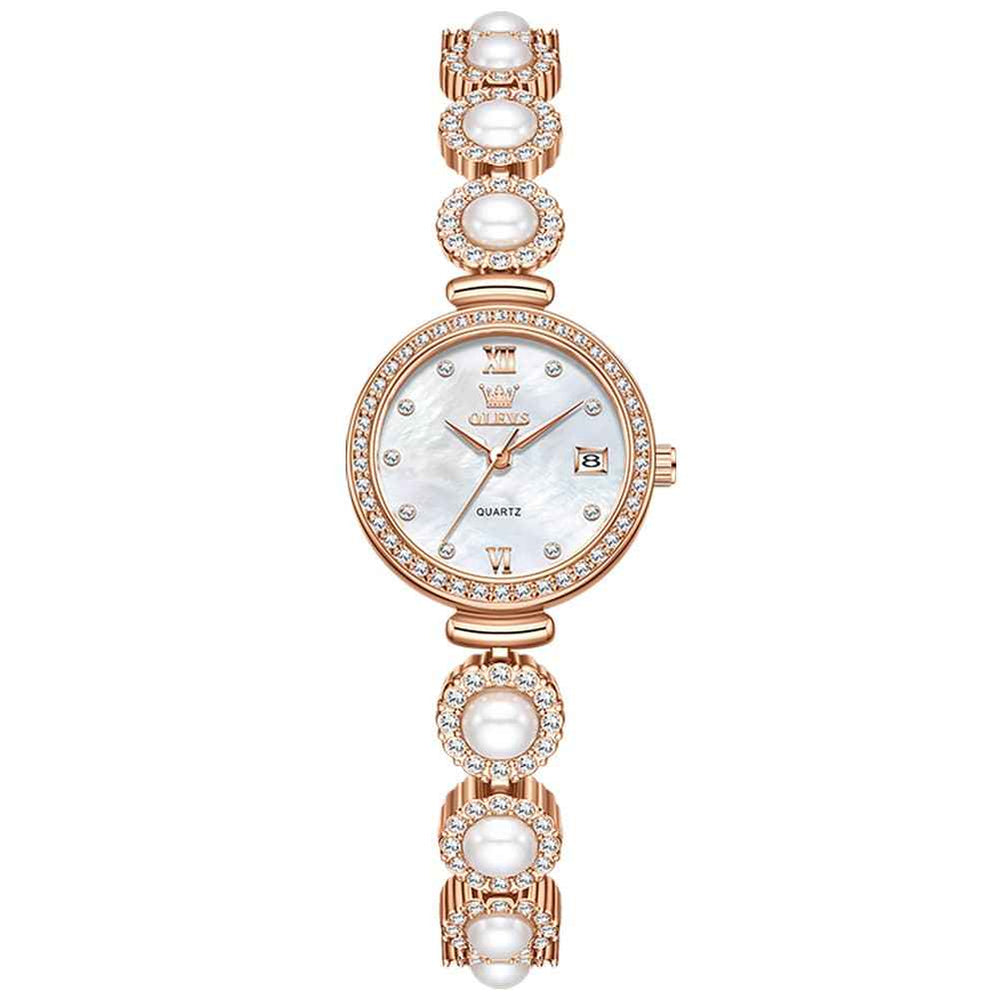 OLEVS 5635 – Women Pearl Bracelet Watch Diamond Mother of Pearl Date Quartz
