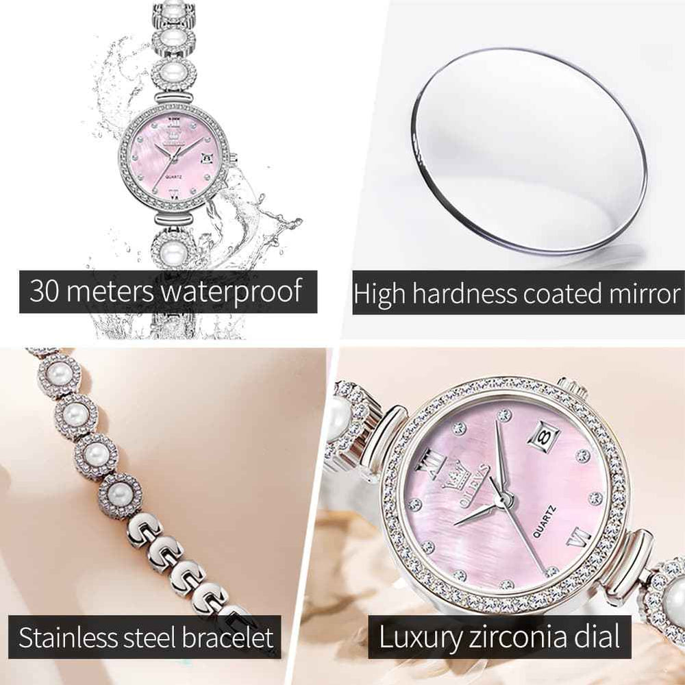 OLEVS 5635 – Women Pearl Bracelet Watch Diamond Mother of Pearl Date Quartz
