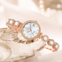 OLEVS Women Pearl Bracelet Watch Diamond Mother of Pearl Date Quartz 5635 - Rose Gold White Dial Watch | Olevs Watch Store