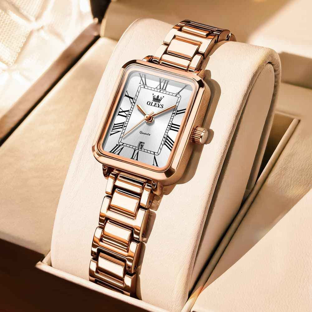 OLEVS 5641 – Women Rectangular Dress Watch Retro Tank Stainless Steel Date Quartz