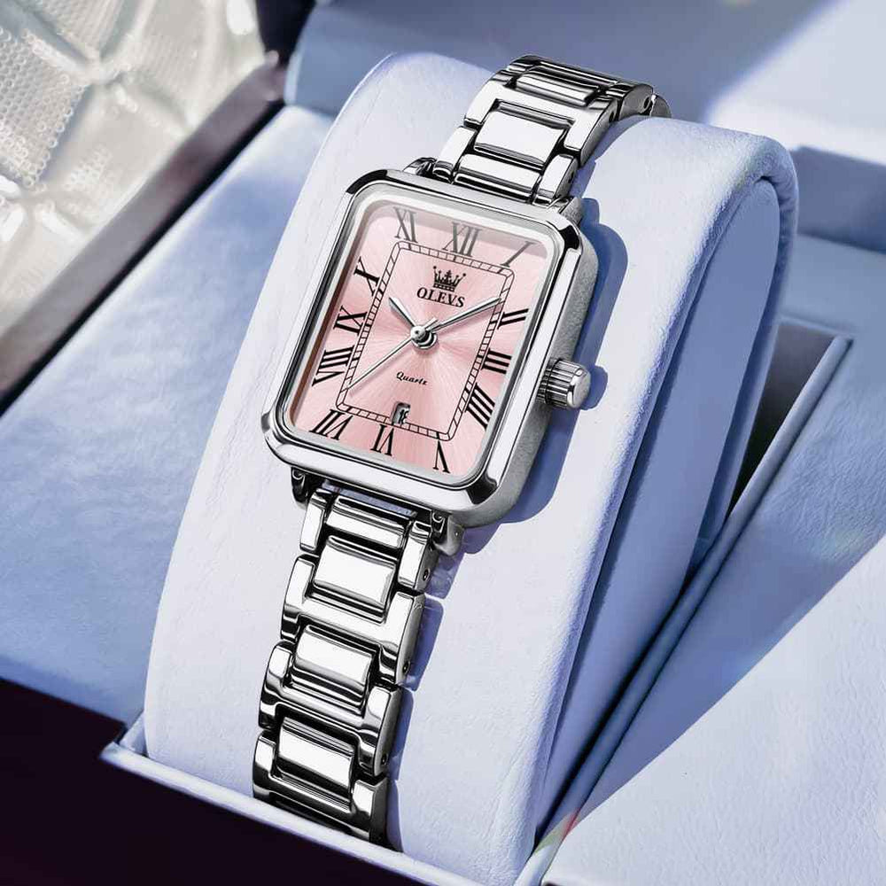 OLEVS 5641 – Women Rectangular Dress Watch Retro Tank Stainless Steel Date Quartz
