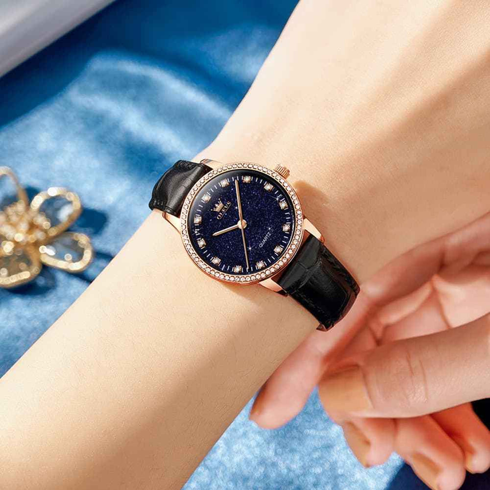 OLEVS 5605 – Women Starry Sky Watch Diamond Bezel Leather Strap Quartz