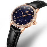 OLEVS Women Starry Sky Watch Diamond Bezel Leather Strap Quartz 5605 - Gold Black Leather Watch | Olevs Watch Store