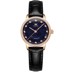 OLEVS Women Starry Sky Watch Diamond Bezel Leather Strap Quartz 5605 - Gold Black Leather Watch | Olevs Watch Store