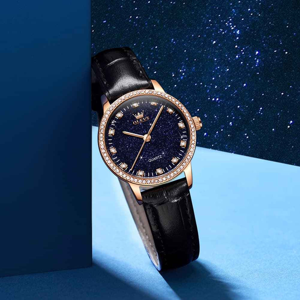 OLEVS 5605 – Women Starry Sky Watch Diamond Bezel Leather Strap Quartz