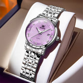OLEVS Women Sunray Pastel Watch Petite Silver Stainless Steel Date Quartz 5611 - Silver Purple Dial Watch | Olevs Watch Store
