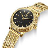 OLEVS 5643 – Women Vintage Dress Watch Carved Bezel Woven Stainless Steel Quartz