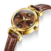 OLEVS Women Vintage Dress Watch Petite 24mm Leather Strap Date Quartz 5645 - Gold Brown Dial Watch | Olevs Watch Store