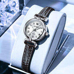 OLEVS Women Vintage Dress Watch Petite 24mm Leather Strap Date Quartz 5645 - Silver White Dial Watch | Olevs Watch Store