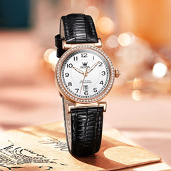 OLEVS Women Vintage Leather Dress Watch Arabic Numerals Date Quartz 5590 - Brown Leather Champagne Dial | Olevs Watch Store