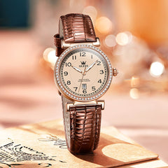 OLEVS Women Vintage Leather Dress Watch Arabic Numerals Date Quartz 5590 - Brown Leather Champagne Dial | Olevs Watch Store