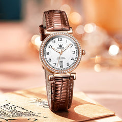 OLEVS Women Vintage Leather Dress Watch Arabic Numerals Date Quartz 5590 - Brown Leather Champagne Dial | Olevs Watch Store