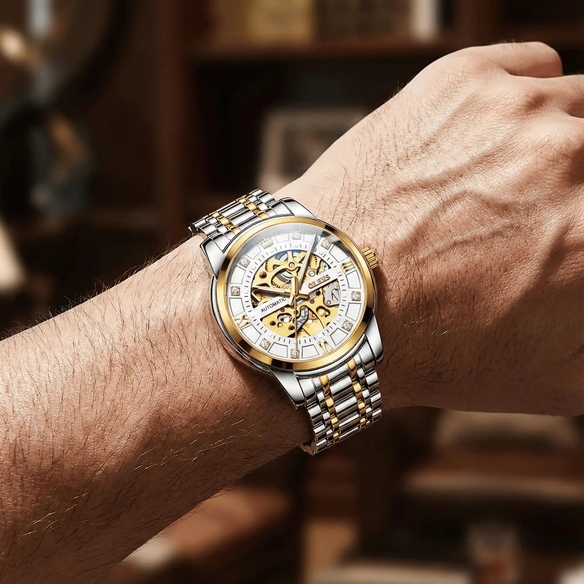 OLEVS "The Monarch" Diamond Skeleton Automatic Watch | Luxury Dress Style