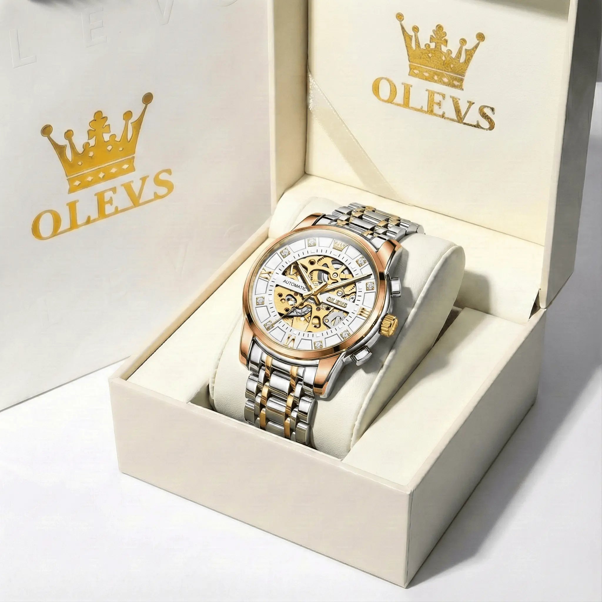 OLEVS "The Monarch" Diamond Skeleton Automatic Watch | Luxury Dress Style