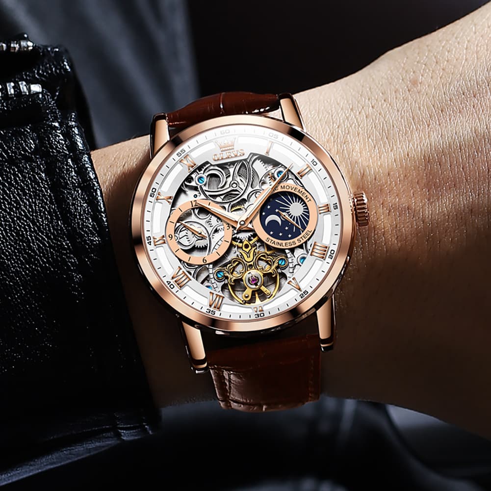 OLEVS "Celestial" Skeleton Automatic Watch | Moon Phase & Tourbillon Style