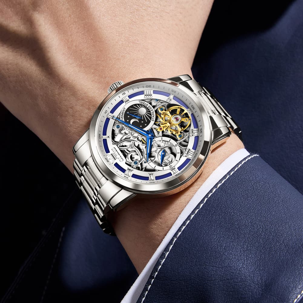OLEVS "Celestial" Skeleton Automatic Watch | Moon Phase & Tourbillon Style