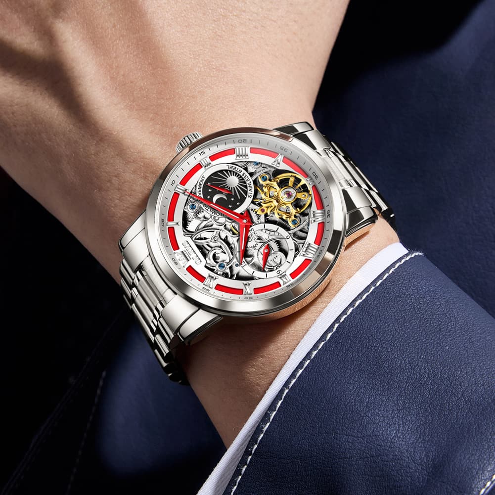OLEVS "Celestial" Skeleton Automatic Watch | Moon Phase & Tourbillon Style