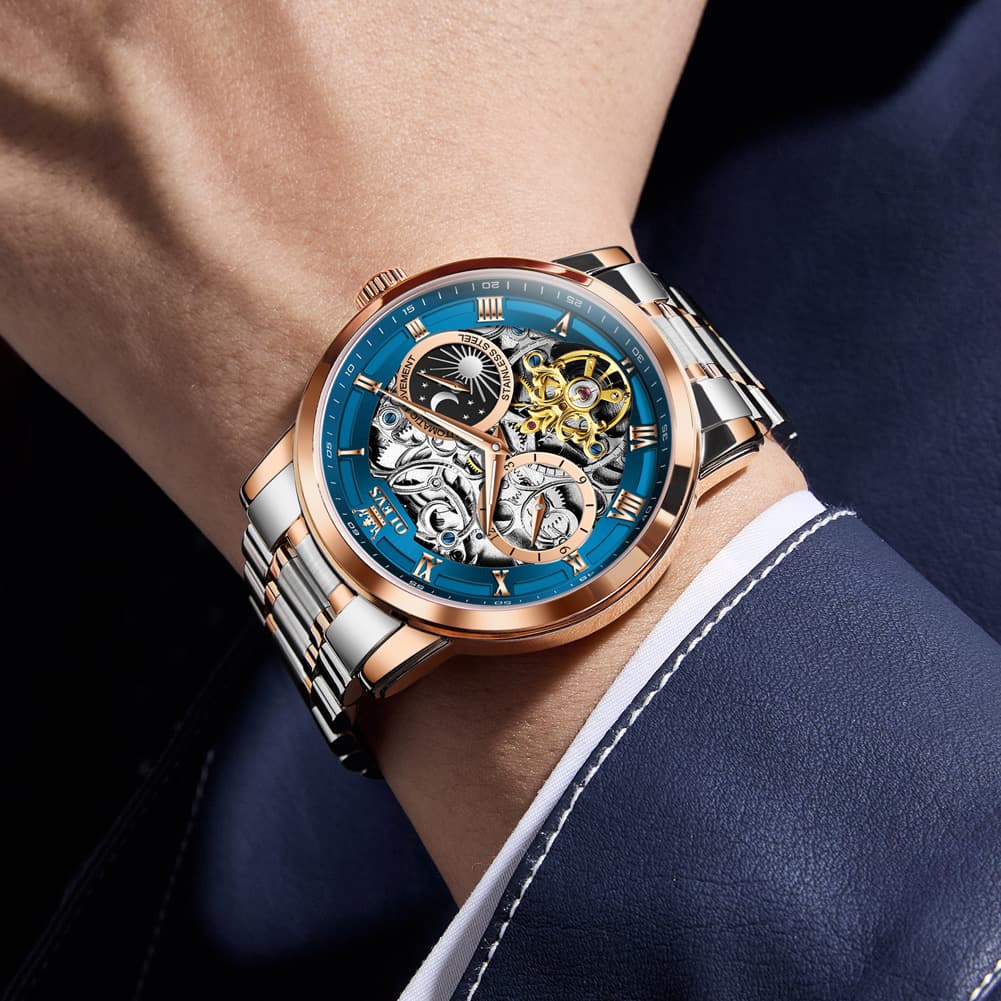 OLEVS "Celestial" Skeleton Automatic Watch | Moon Phase & Tourbillon Style