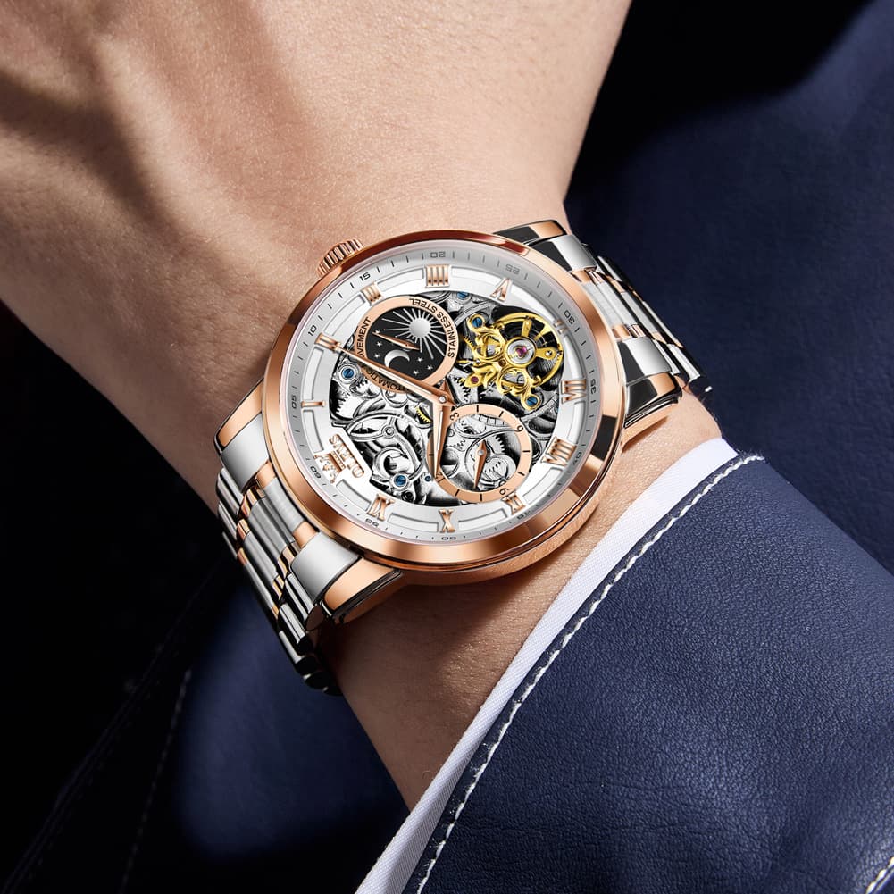 OLEVS "Celestial" Skeleton Automatic Watch | Moon Phase & Tourbillon Style