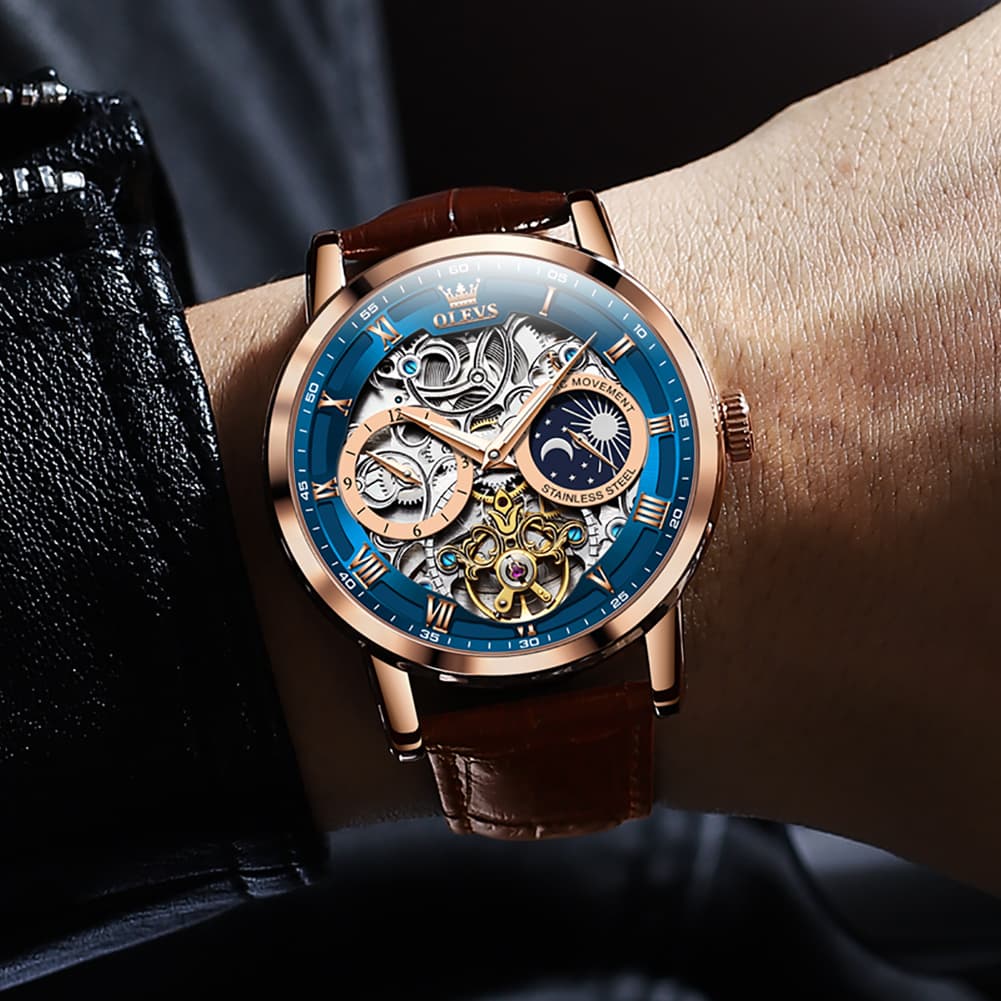 OLEVS "Celestial" Skeleton Automatic Watch | Moon Phase & Tourbillon Style