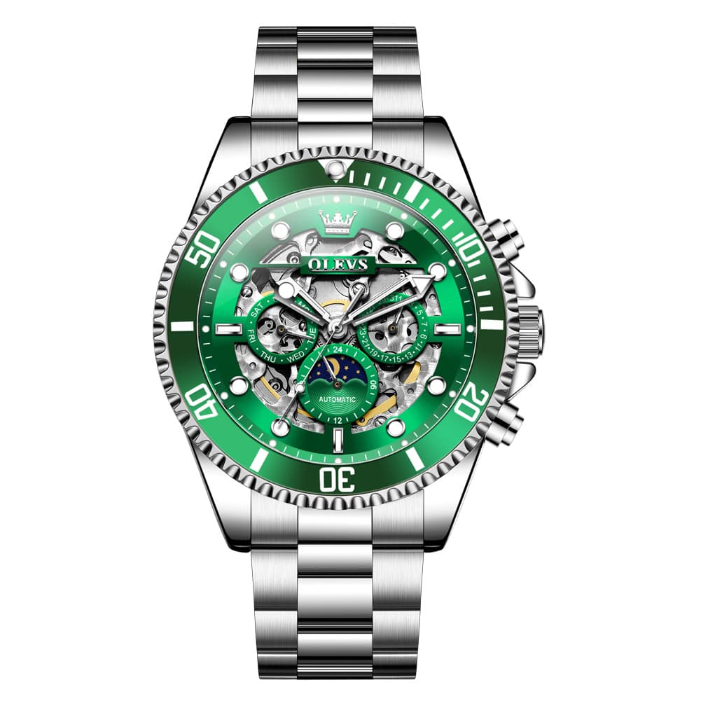 OLEVS "The Captain" Skeleton Automatic Watch | Moon Phase & Diver Sport Style