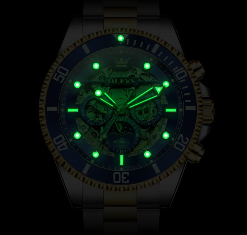 OLEVS "The Captain" Skeleton Automatic Watch | Moon Phase & Diver Sport Style