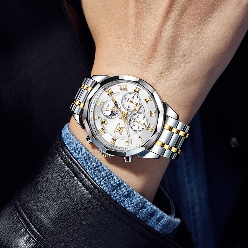 OLEVS "The Commander" Chronograph Watch | 3D Diamond Cut Crystal & Moon Phase