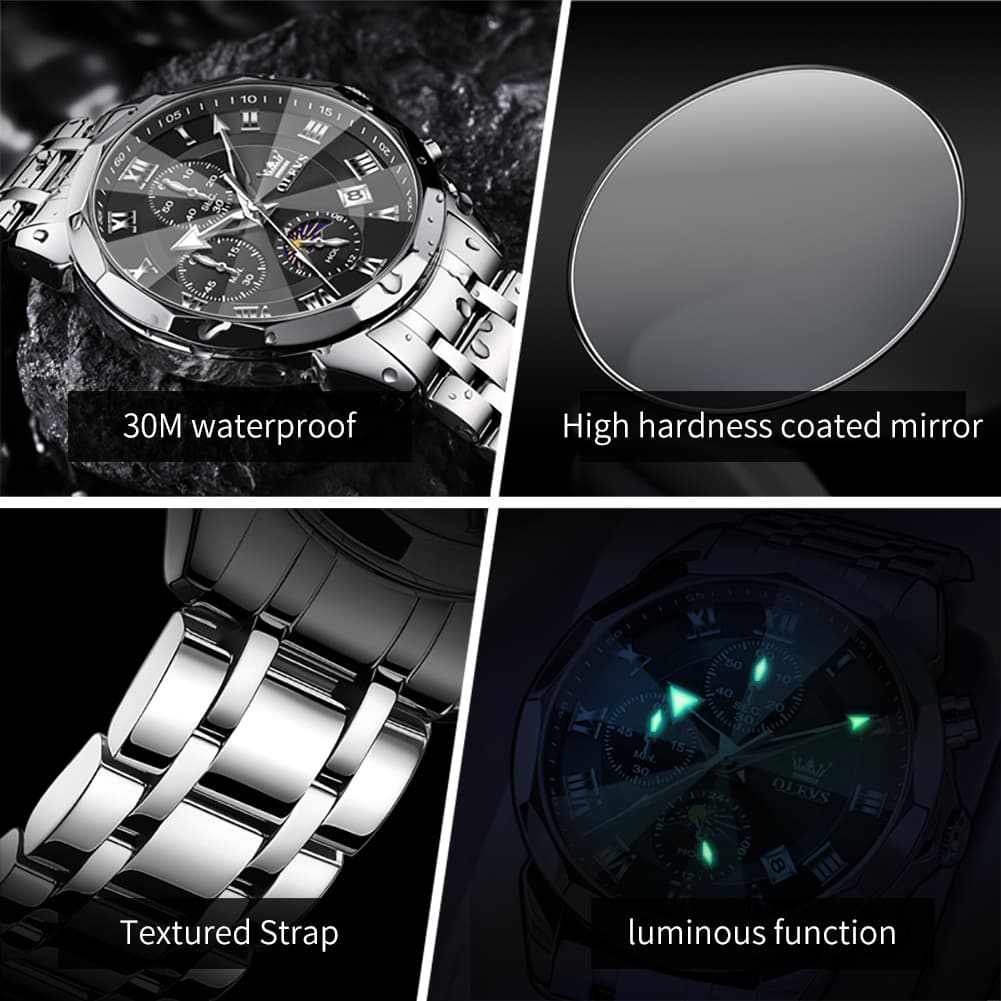 OLEVS "The Commander" Chronograph Watch | 3D Diamond Cut Crystal & Moon Phase