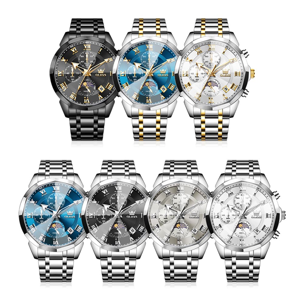 OLEVS "The Commander" Chronograph Watch | 3D Diamond Cut Crystal & Moon Phase